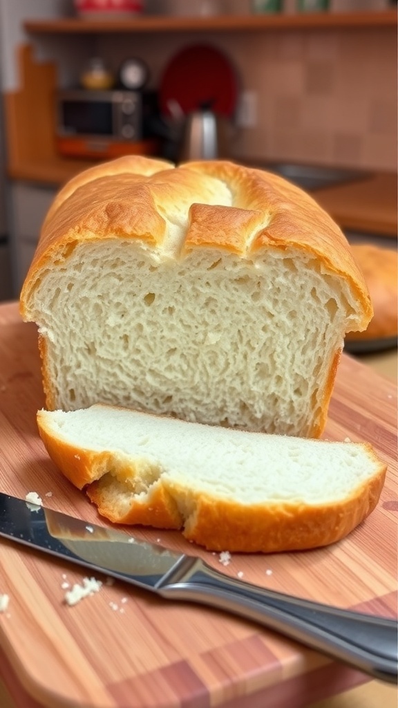 Homemade White Bread Recipe with All-Purpose Flour Freshly baked homemade white bread loaf on a wooden cutting board, sliced to show soft interior.